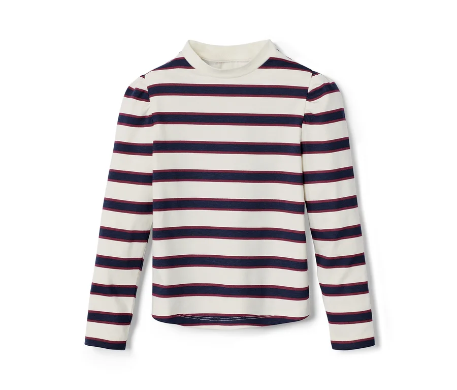 Gestreiftes Kinder-Langarmshirt in Creme und Dunkelblau.