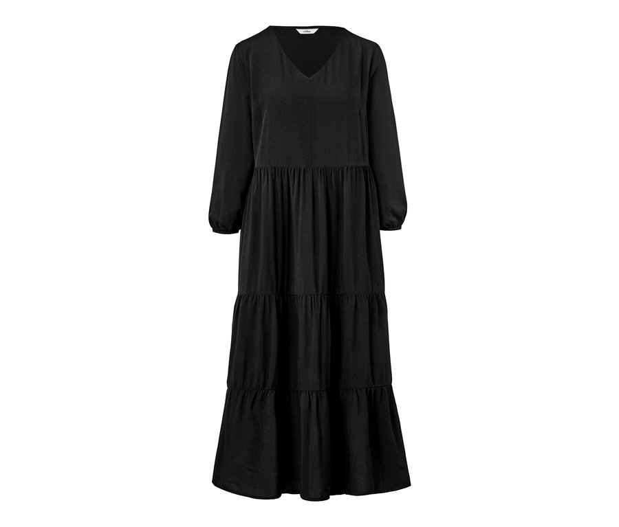 Schwarzes Midi-Kleid mit langen Ärmeln und Stufenrock.