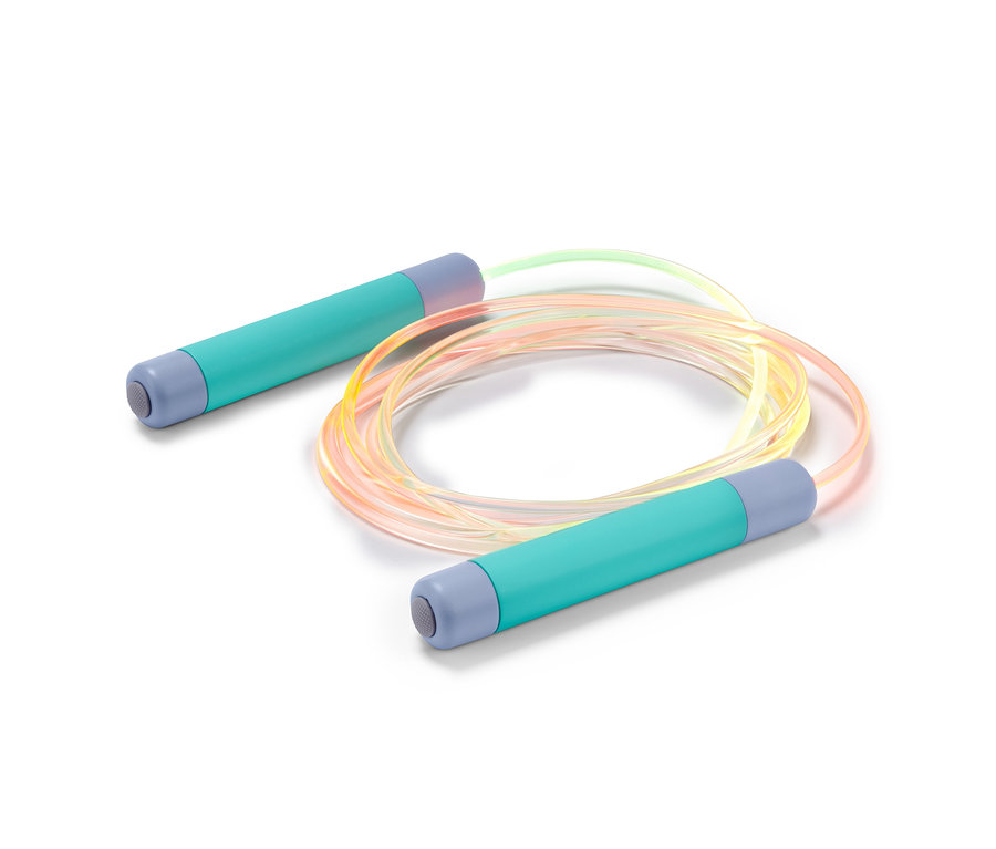 Nahaufnahme eines LED-Springseils mit blaugrünen Griffen und einem bunten Seil.