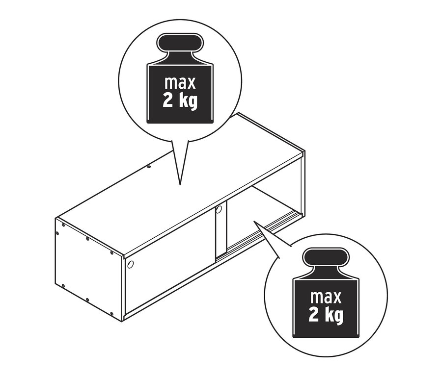 Illustration eines Wandregals mit Schiebetüren und Details zur maximalen Belastbarkeit von 2 kg.