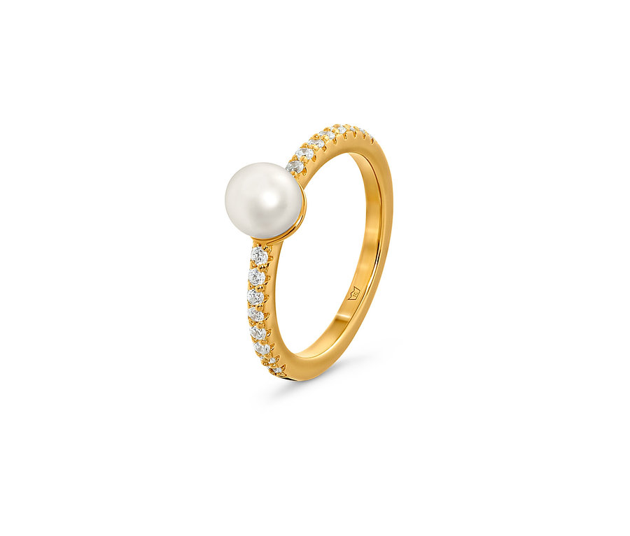 Goldener 925 Silber Ring mit Perle und Zirkonia.