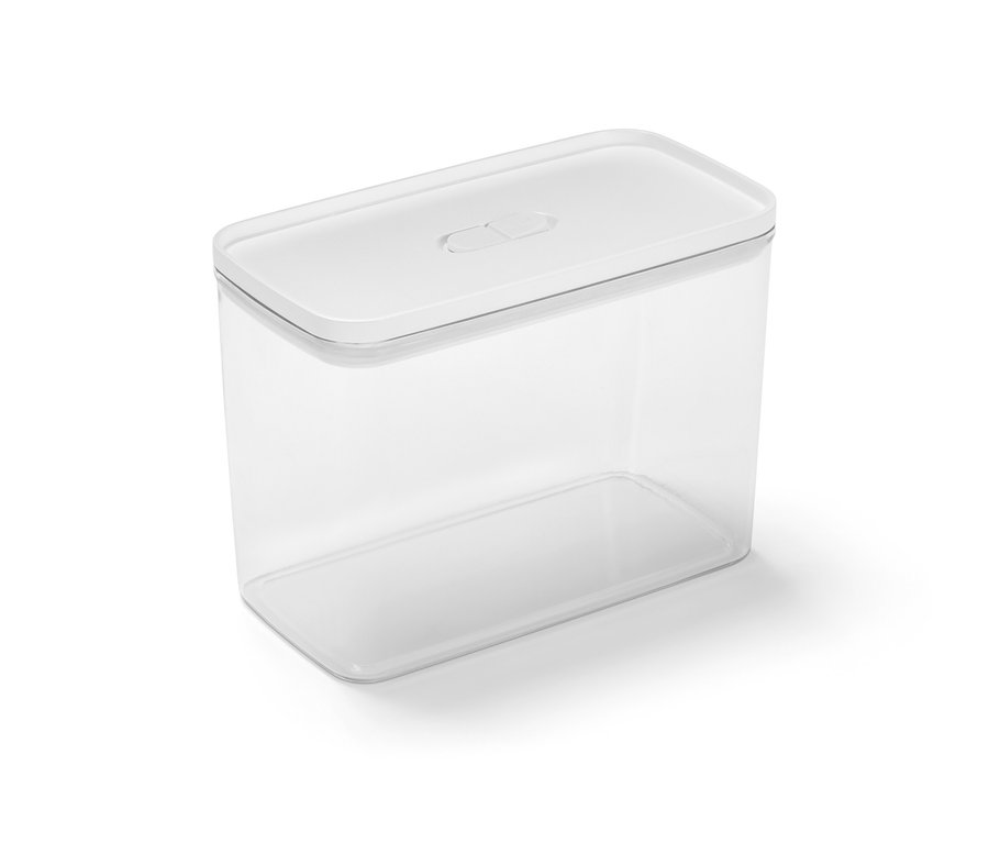 Leerer, durchsichtiger Vorratsbehälter mit weißem Deckel.