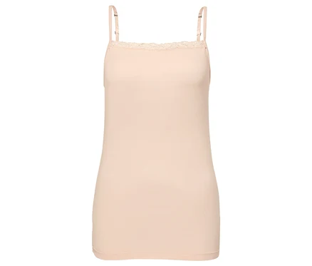 Detailansicht eines creme Modal-Hemdchens mit Spitze.