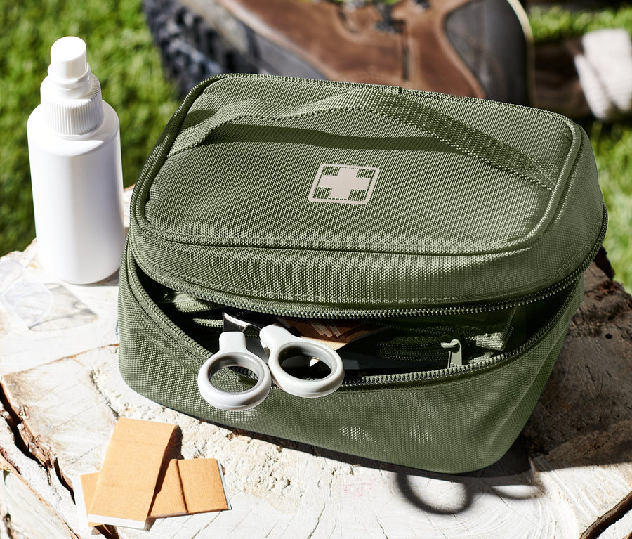 Eine grüne Medikamenten-Tasche mit weißem Kreuz liegt offen auf einem Baumstumpf neben einer weißen Sprühflasche und Pflastern.