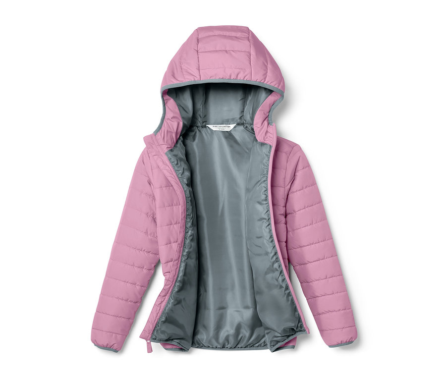Offene violette Kinder-Steppjacke mit Kapuze.