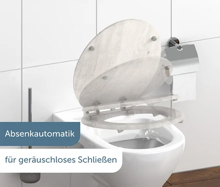 WC-Sitz mit MDF WC-Sitz, Light Wood in Klappposition.