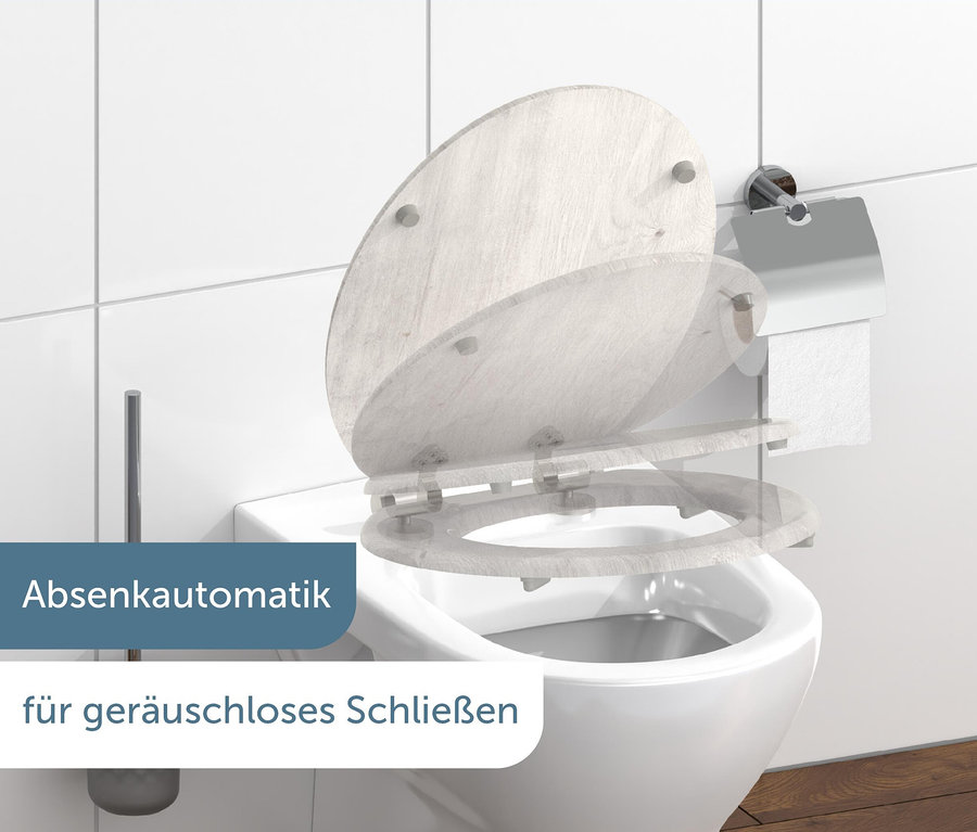 WC-Sitz mit MDF WC-Sitz, Light Wood in Klappposition.