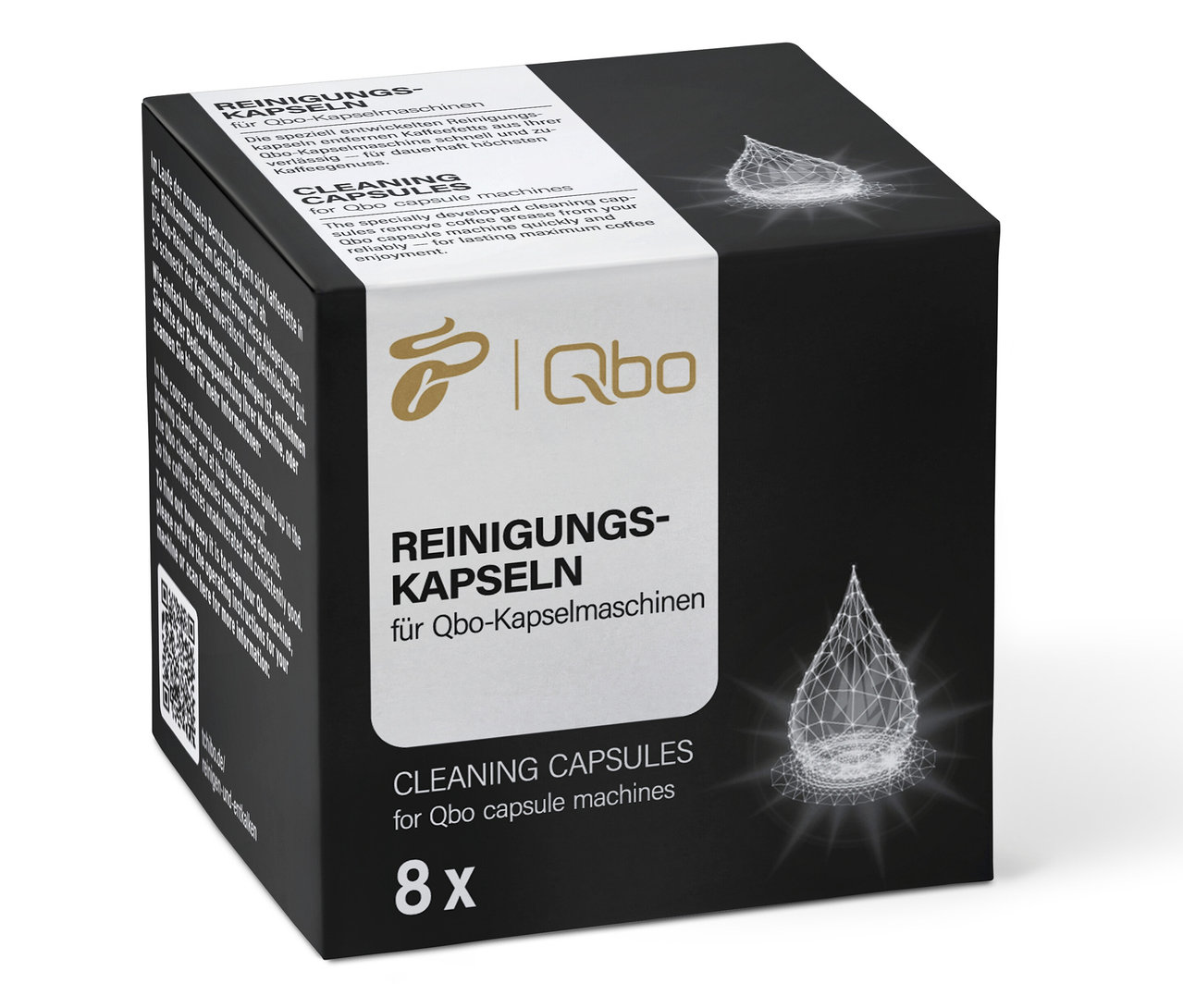 Eine Packung Qbo Reinigungskapseln für Qbo Kaffeemaschinen, Packung enthält 8 Kapseln.