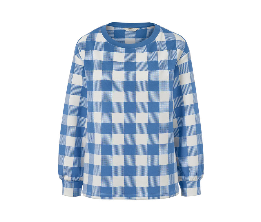 Ein kariertes Sweatshirt mit langen Ärmeln in Blau und Weiß.