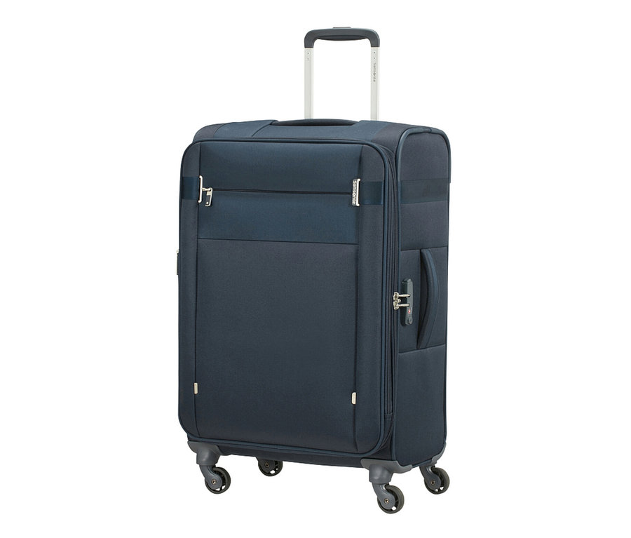 Nahaufnahme eines kleinen, marineblauen Samsonite CITYBEAT SPINNER Koffers mit ausgezogenem Griff.