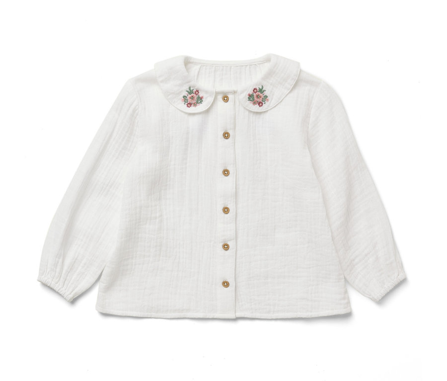 Kinder-Musselin-Bluse mit Kragen und Blumenstickerei.