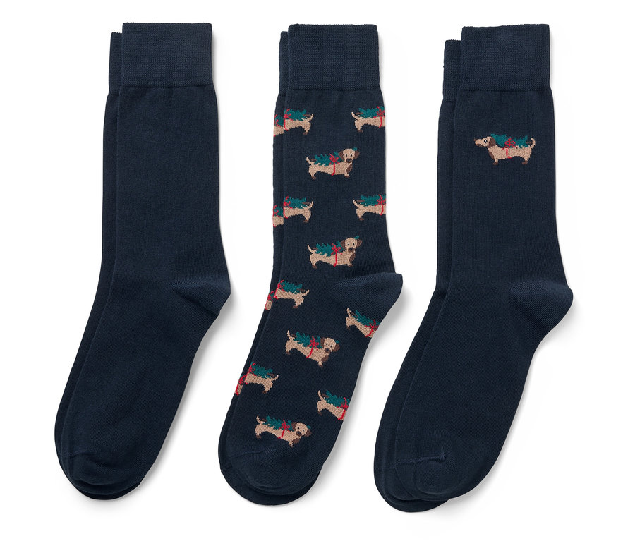 Drei Paar marineblaue Socken. Ein Paar ist mit Dackeln bedruckt.