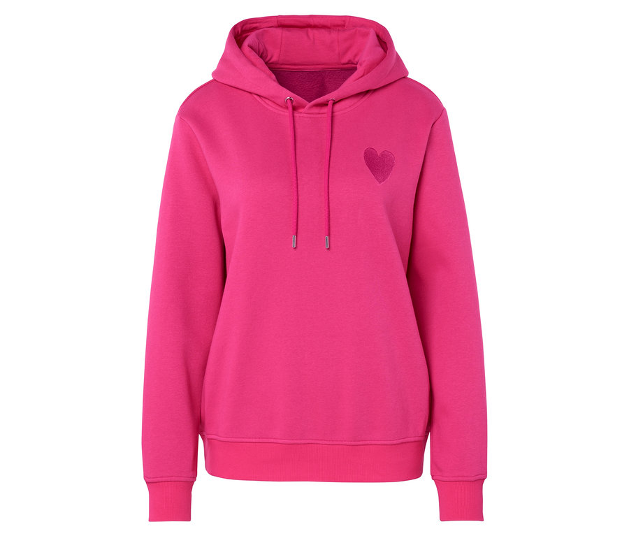 Ein pinkfarbener Hoodie mit Kapuze und einem Herz auf der Brust.