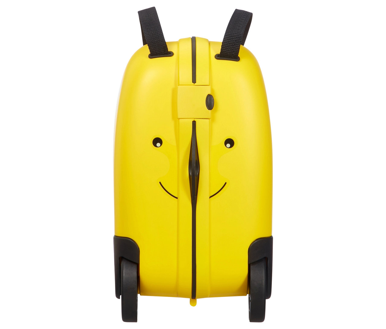 Gelber American Tourister Aufsitzkoffer »Funrider« Biene mit schwarzen Rädern und Tragegurten.