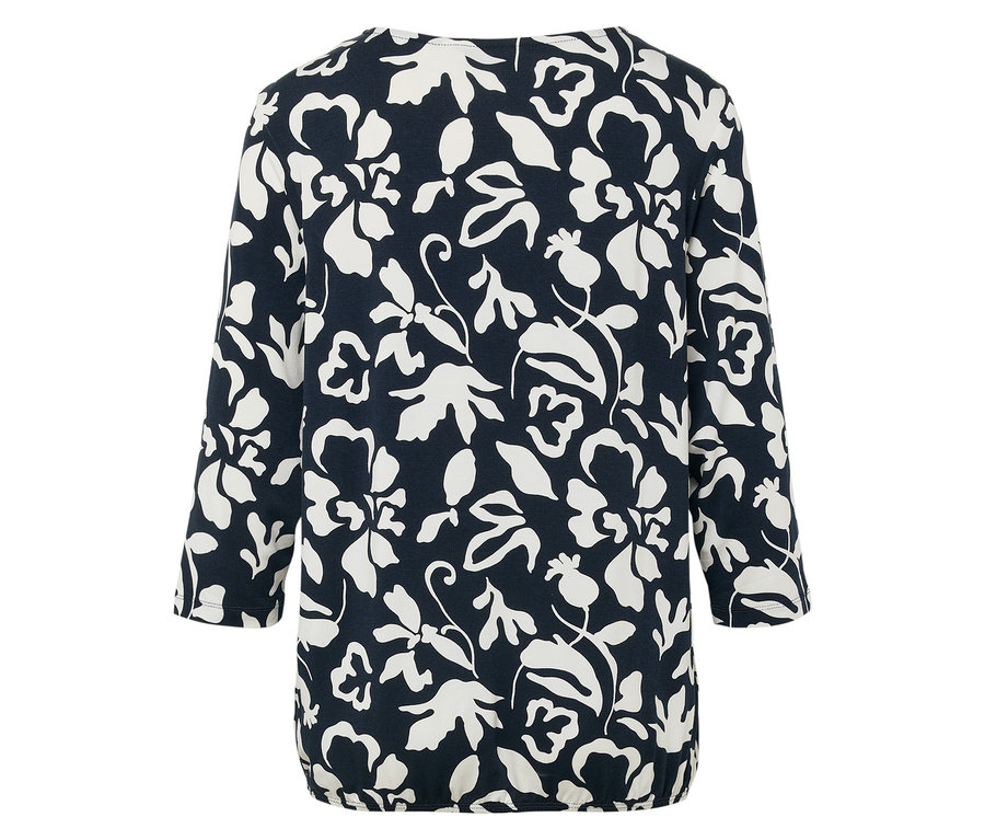 Marinefarbene Bluse mit weißen Blumenmuster, Dreiviertelärmel und elastischem Saum.