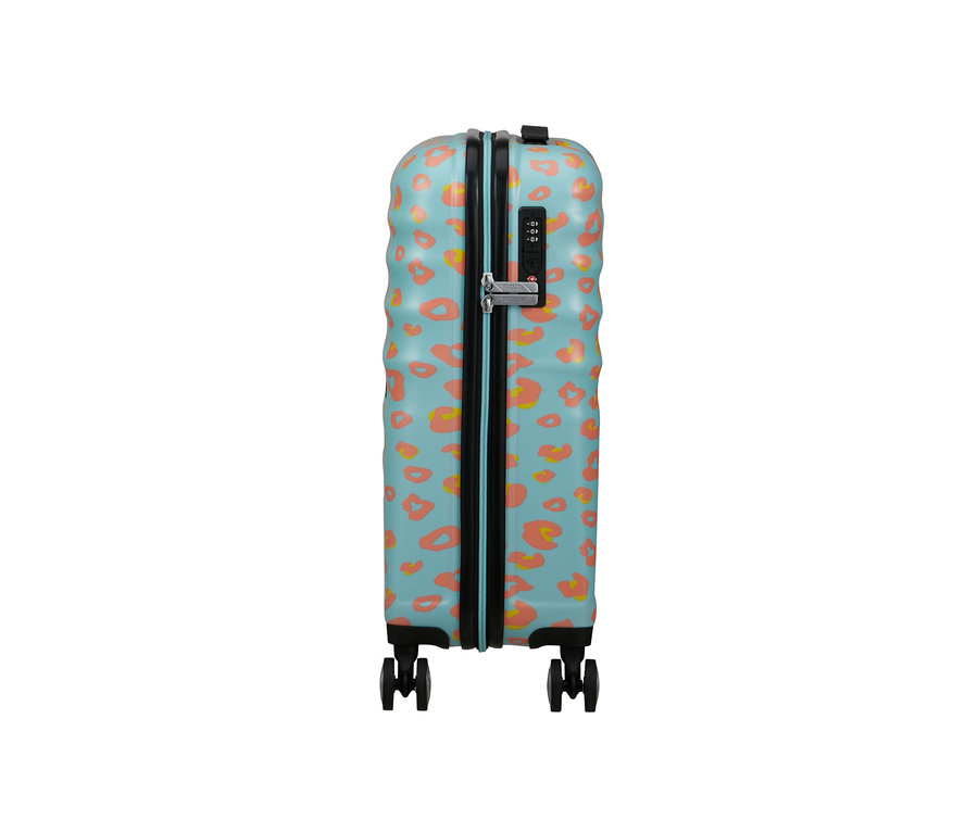 American Tourister Wavebreaker "Minnie Mouse", klein, mit blauem Hintergrund und orangefarbenen Flecken.