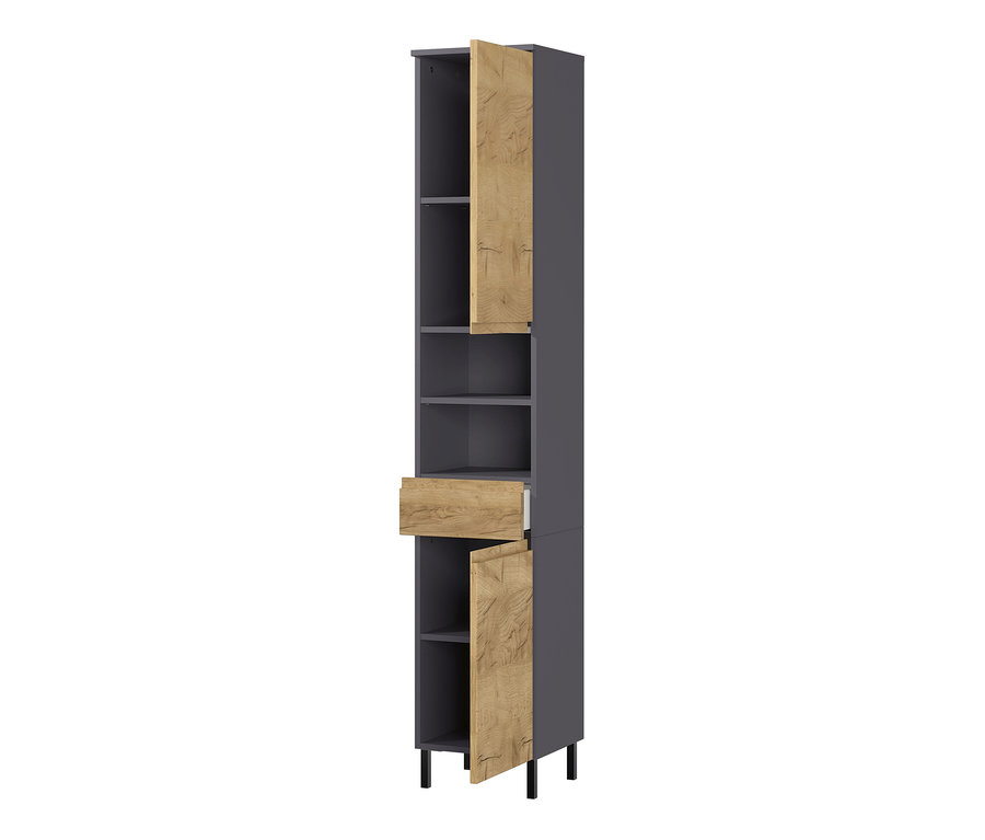 Hochschrank »Salinas« groß mit Kommode, Hochschrank, Waschbeckenunterschrank und Spiegel, graphit-eiche, teils offen.