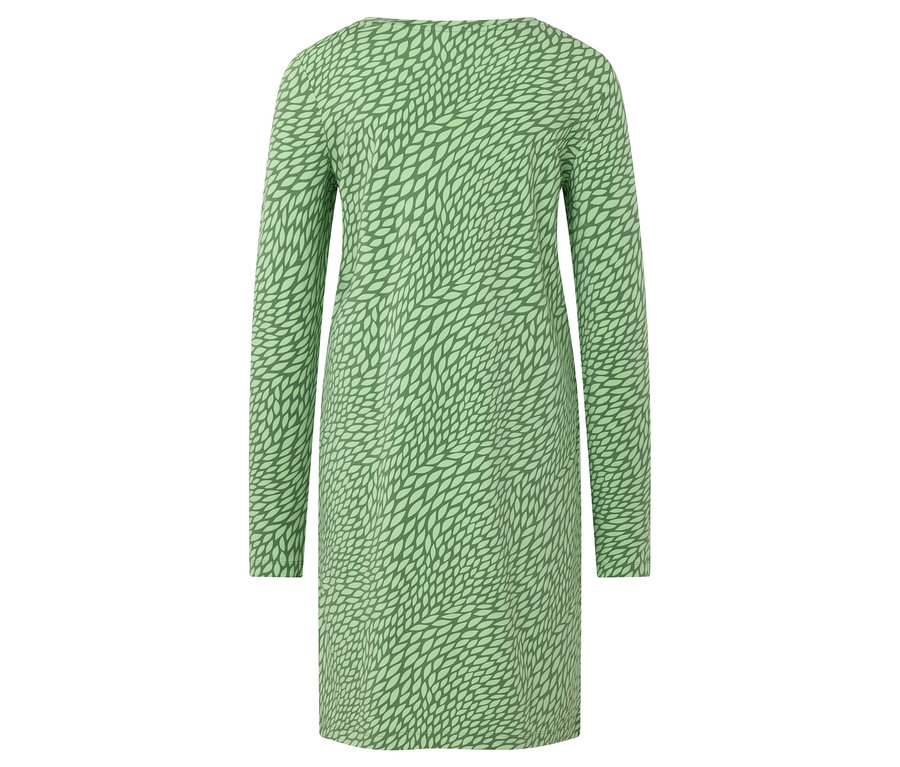 Rückansicht eines grünen, langärmeligen Kleides mit Blattmuster.