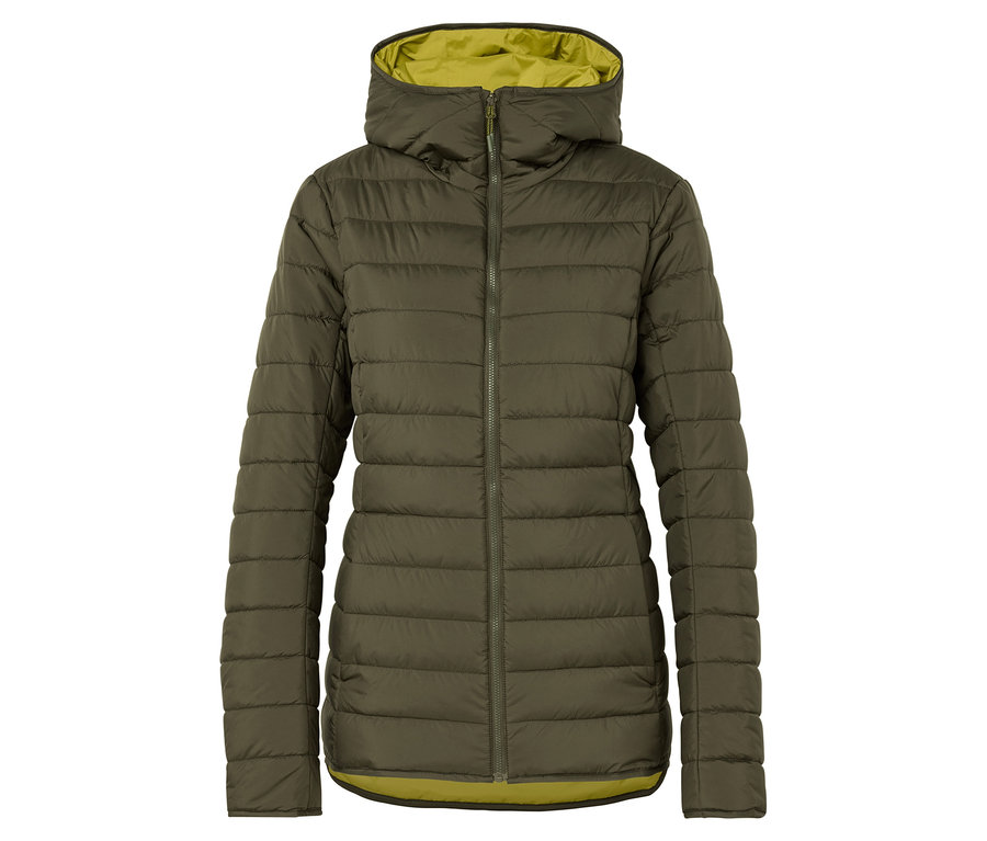 Olivgrüne Winterjacke mit Kapuze.
