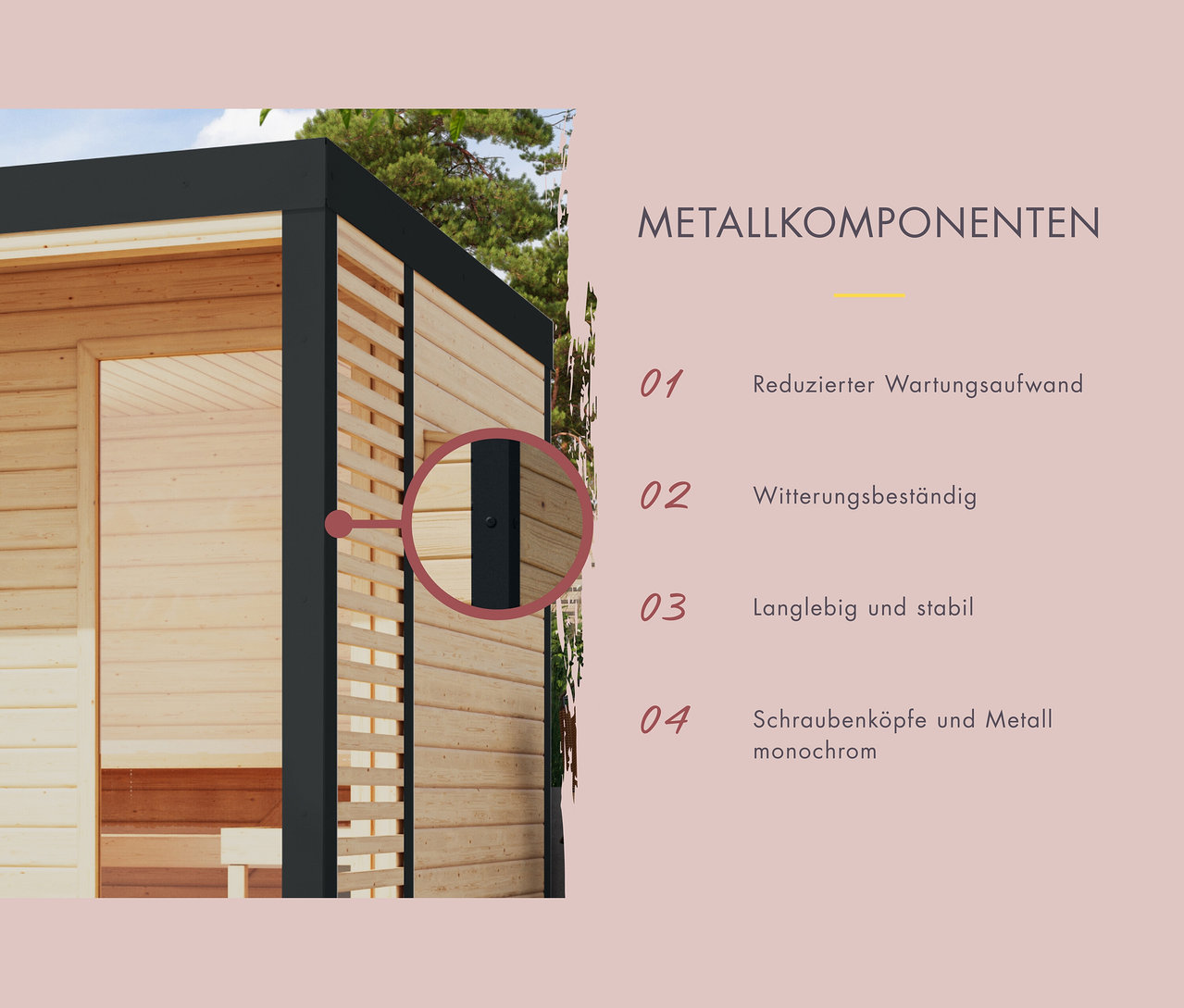 Detail von Metallkomponenten einer Holzkonstruktion mit Beschreibung der Eigenschaften.