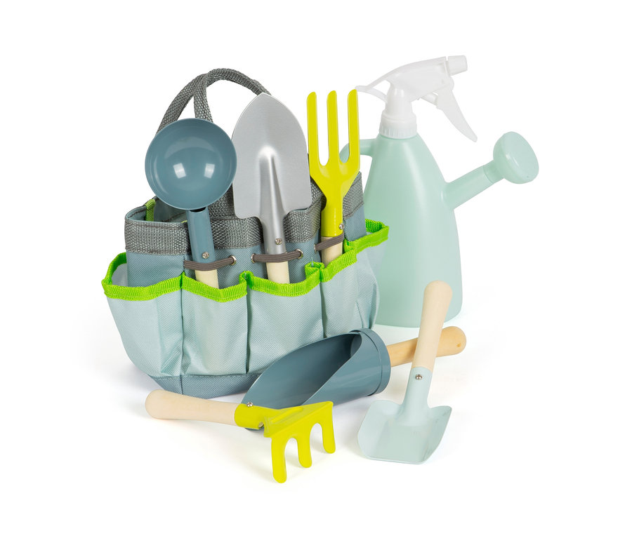 Gartengeräte-Set mit hellblau-grauer Tasche, silberner Schaufel, Rechen und Gießkanne.