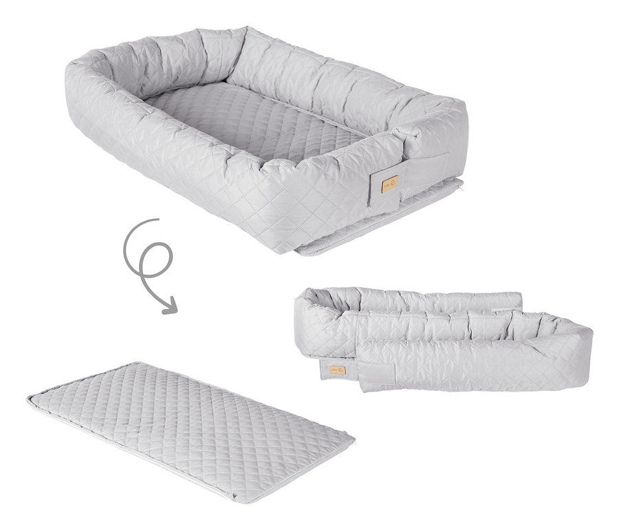 Eine graue Roba 3-in-1 Babylounge wird in drei Konfigurationen gezeigt.