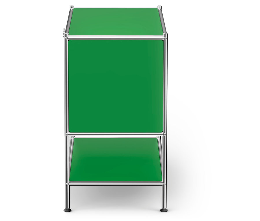 Grünes modulares Aufbewahrungselement mit silbernem Rahmen.