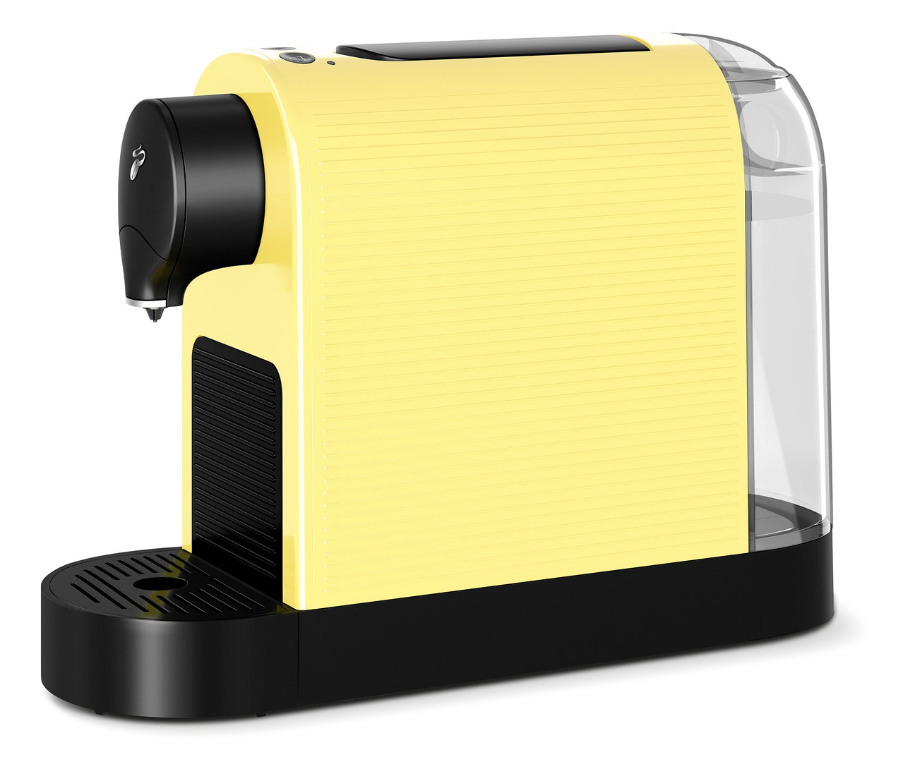 Gelbe Kaffeekapselmaschine mit schwarzem Sockel und durchsichtigem Wassertank.