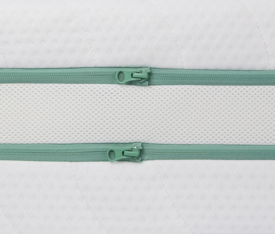 Nahaufnahme einer Irisette Matratze Greenline mit mintgrünem Reißverschluss und weißem, atmungsaktivem Mesh-Einsatz.