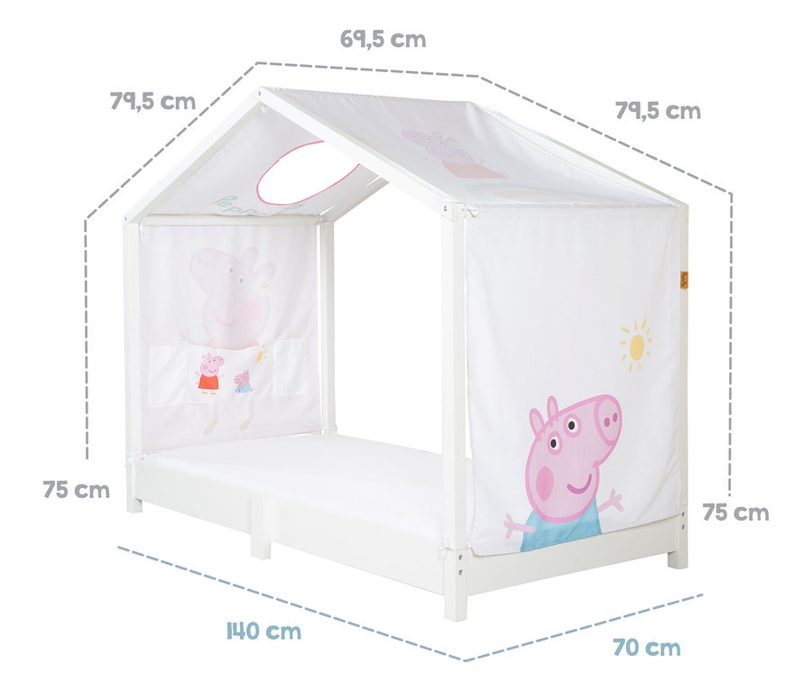 Weißes Kinderbett im Hausstil mit Peppa Pig-Motiven und Größenangaben.