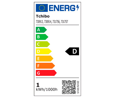 Tchibo Energielabel mit Energieeffizienzklasse D und einem Verbrauch von 1 kWh/1000h.