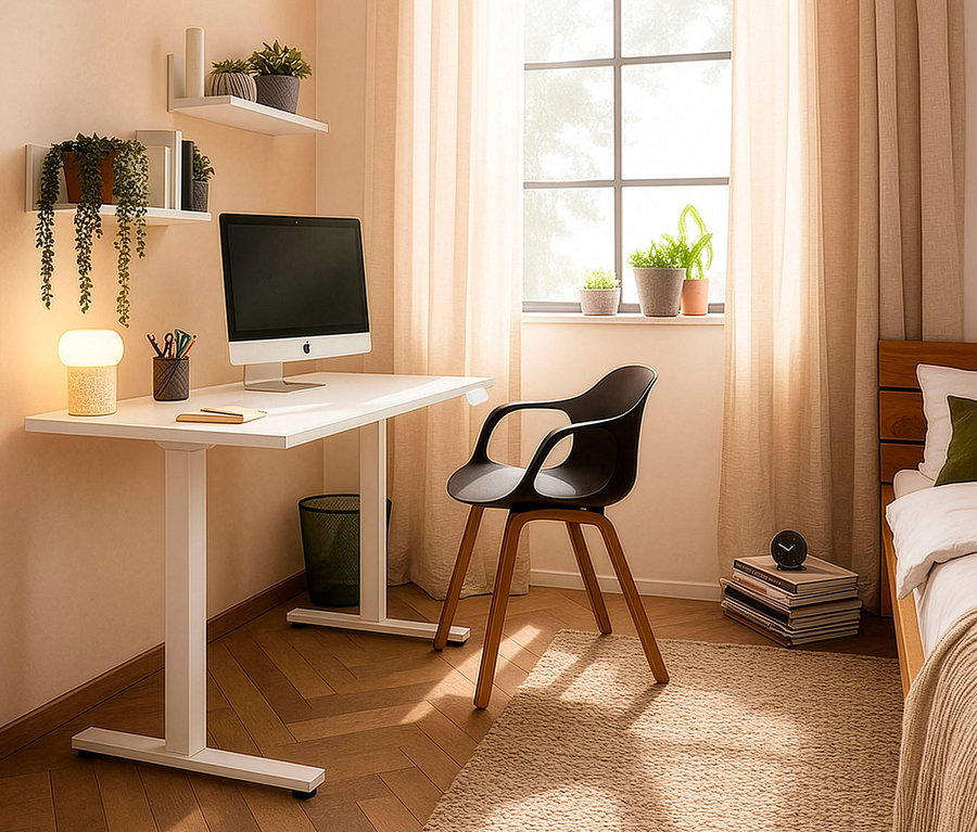 Ein mattweißer, elektrischer Schreibtisch »Torge L138« steht in einem Zimmer mit einem Stuhl, Regalen und einem Bett.