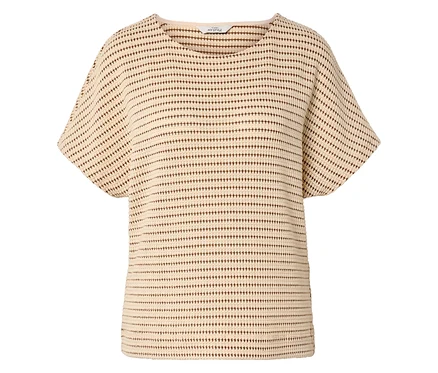 Beige Bluse mit kurzen Ärmeln und einem Muster aus braunen Kreuzen.