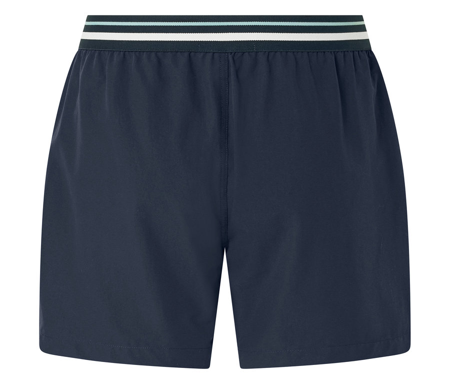 Marineblaue, kurze Hose mit gestreiftem Bund.