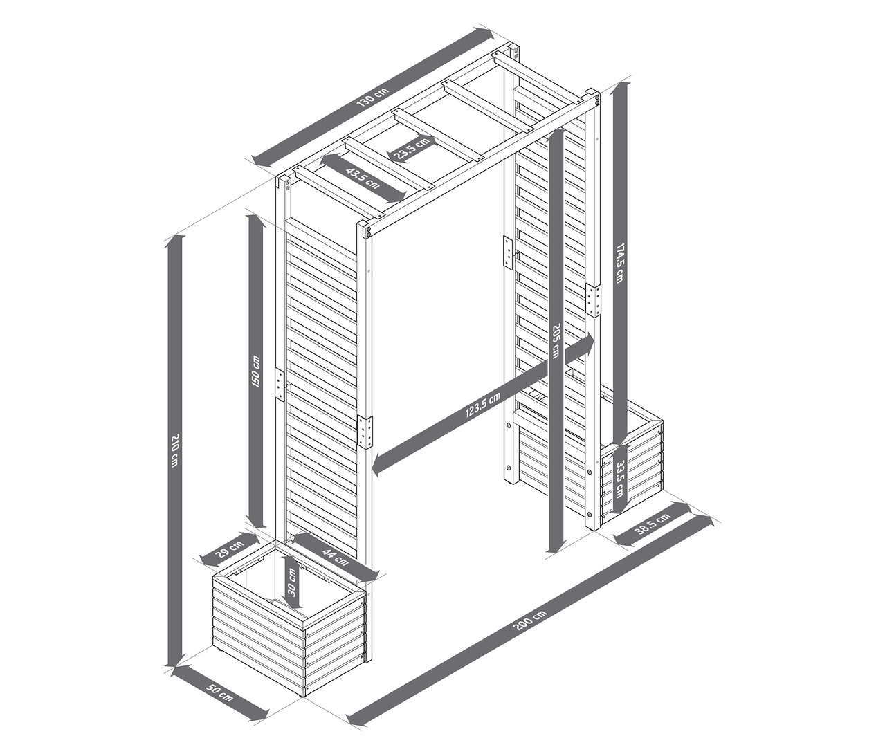 Detaillierte schematische Darstellung eines Rosenbogens mit Pflanzkästen, inklusive Maßangaben.