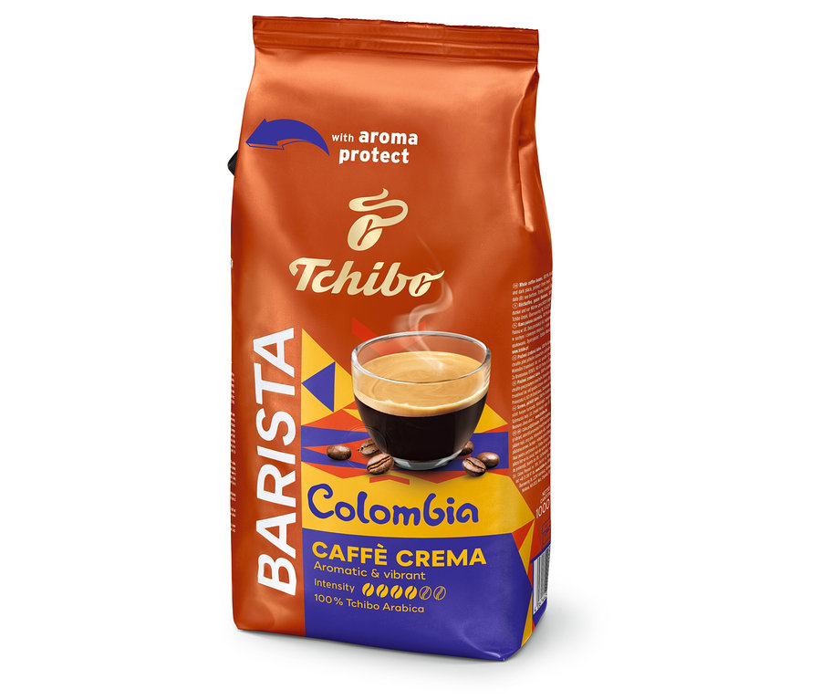 Aufrechter, braun-blauer Beutel BARISTA Origins Colombia - 1 kg Ganze Bohne mit Tasse Kaffee und Kaffeebohnen.