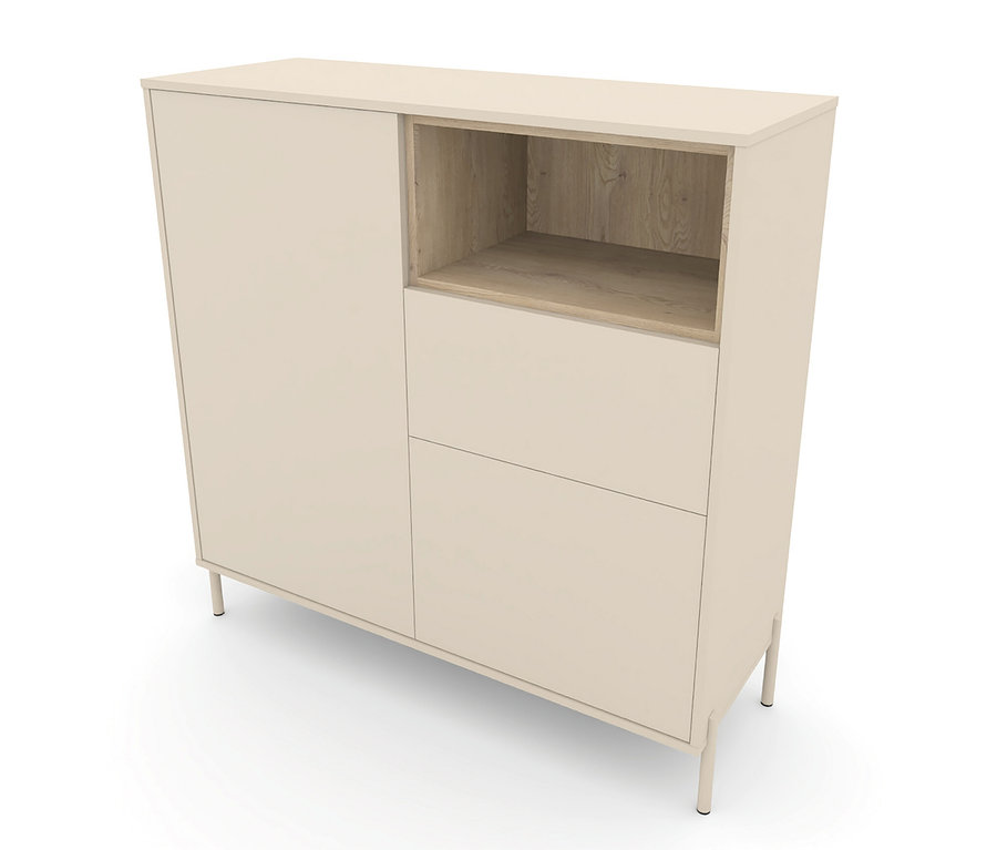 Das Highboard »Hygge« mit 2 Türen in Cashmere-Weiß hat eine Tür, ein offenes Fach und zwei Schubladen.