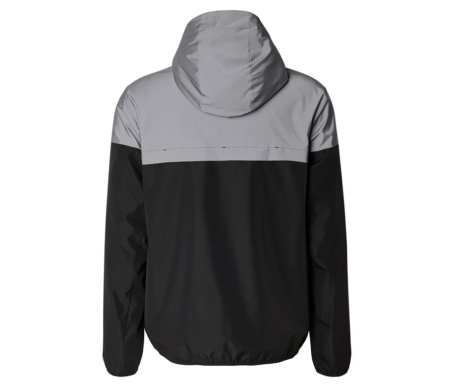 Rückansicht einer zweifarbigen Jacke mit Kapuze in Grau und Schwarz.