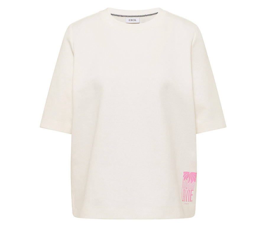 CECIL Sweatshirt in Creme mit kurzen Ärmeln und pinkem Palmen-LAVIE-Print am Saum.