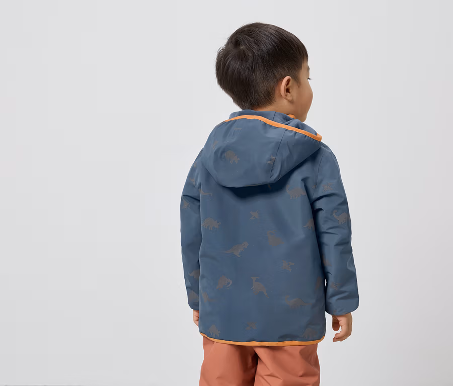 Rückansicht eines Kindes mit braunen Haaren in einer blauen Jacke mit Dinosaurier-Muster und Kapuze mit orangefarbenem Saum.