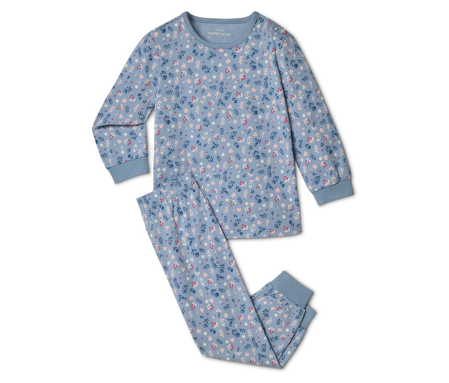 Blaues HAPPY KIDS Pyjama-Set mit Blumenmuster, bestehend aus einem langärmeligen Oberteil und einer Hose.