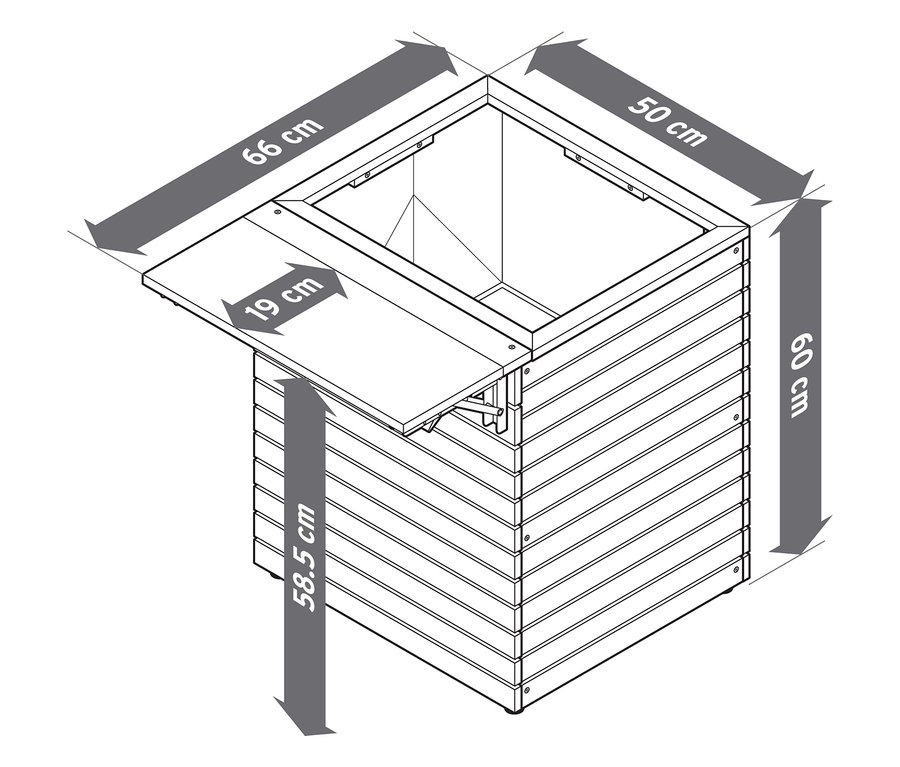 Abbildung eines Pflanzkastens mit Ausklapptisch »Tinus« mit Maßangaben.
