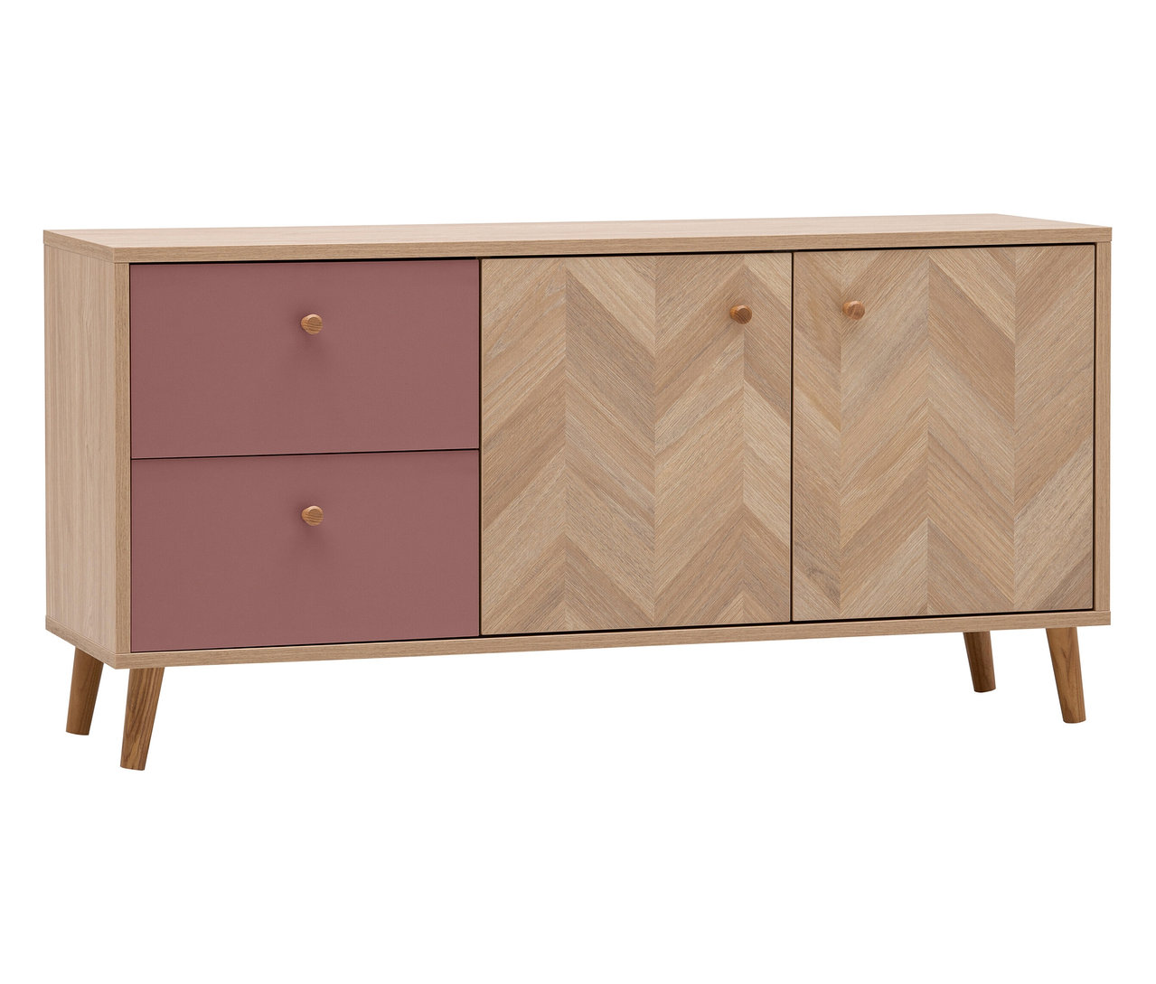 Ein Sideboard mit zwei Schubladen in Rosa und zwei Türen mit Fischgrätenmuster.