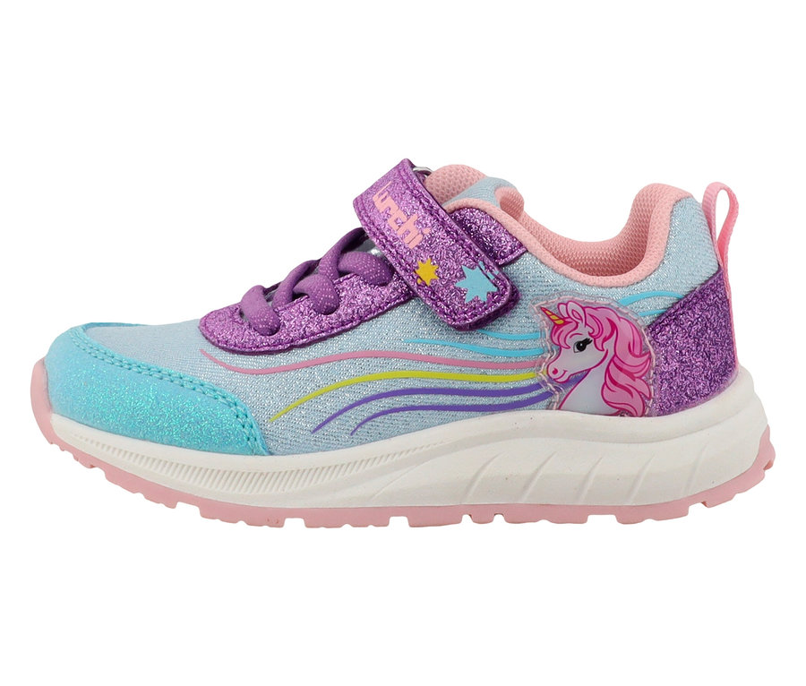 Blauer LURCHI Sneaker »Anni« mit Einhorn-Motiv und lila Glitzer.