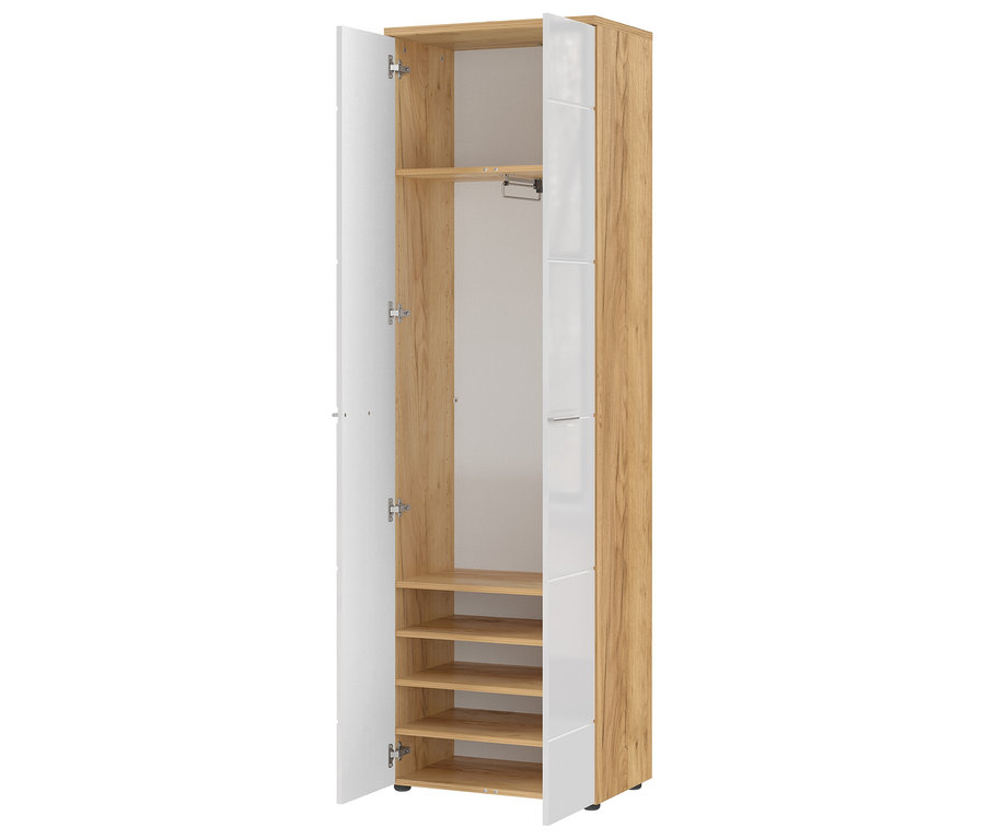 Geöffneter, schmaler Garderobenschrank »Aledo« in Holzoptik mit weißen Türen und Regalböden.