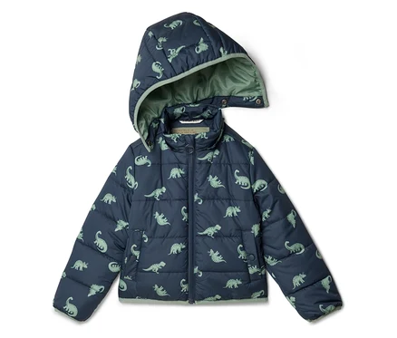 Marineblaue, gesteppte Kinderjacke mit Kapuze und grünem Dinosaurier-Muster.
