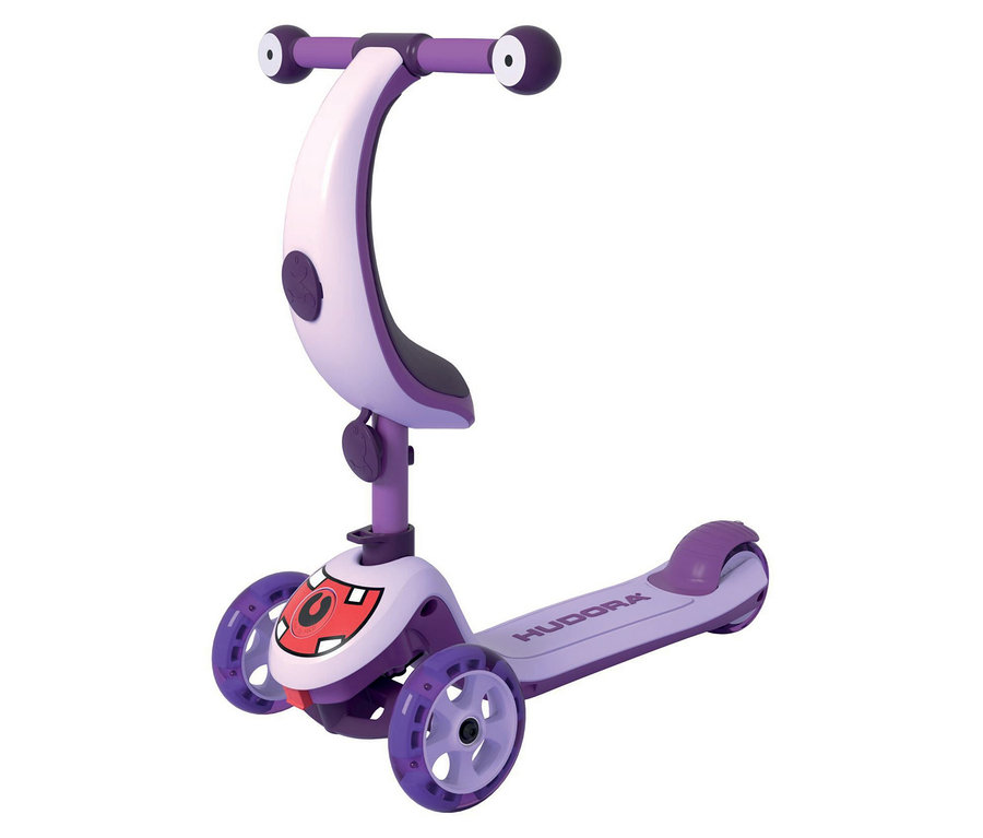 Nahaufnahme des lila Hudora 4-in-1-Scooters, Lavendel mit weißem Sitz und Lenker auf weißem Hintergrund.