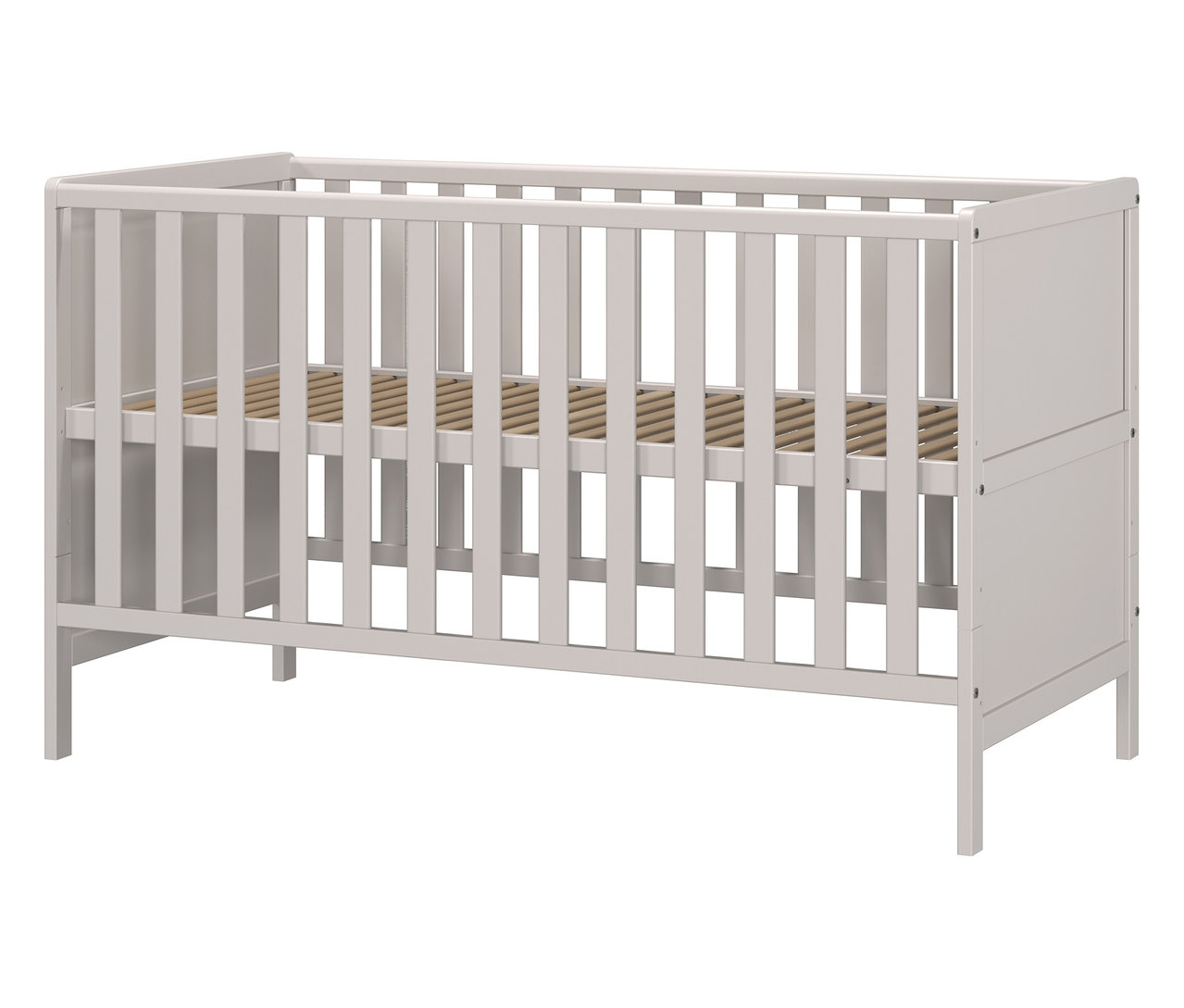 Ein graues Babybett mit einem Lattenrost aus Holz.