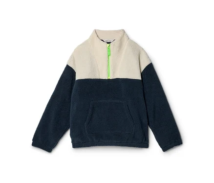 Zweifarbiger Fleece-Pullover in Creme und Dunkelblau mit neongrünem Reißverschluss und Bauchtasche.