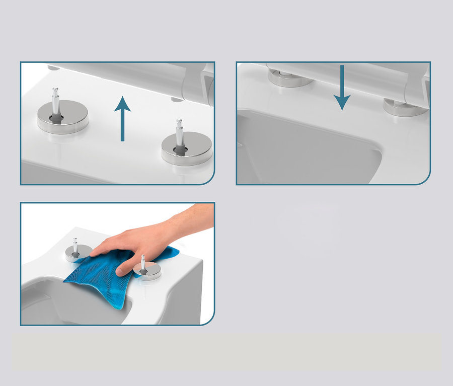 Drei Bilder zeigen die Montage und Reinigung des Duroplast WC-Sitzes »FAMILY«. Oben links: Der WC-Sitz wird von den Scharnieren gehoben. Oben rechts: Der WC-Sitz wird auf die Scharniere gesetzt. Unten: Eine Hand reinigt die WC-Schüssel um die Scharniere mit einem blauen Tuch.